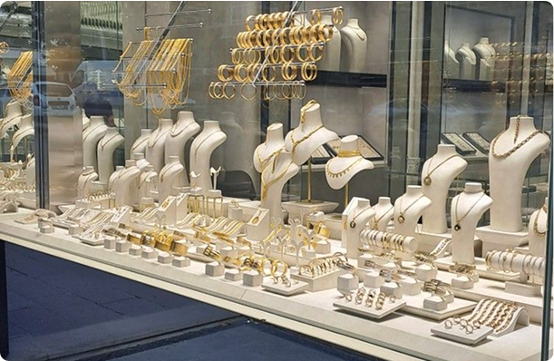 Gold jewelry display in store